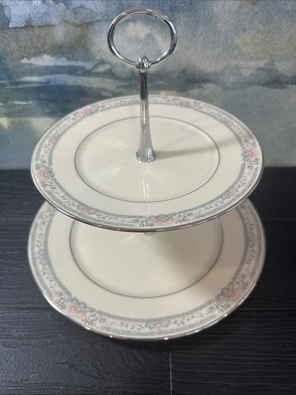 Lenox  Charleston Two Tier Cream and Pink, Silver Rimmed. Floral Serving Stand